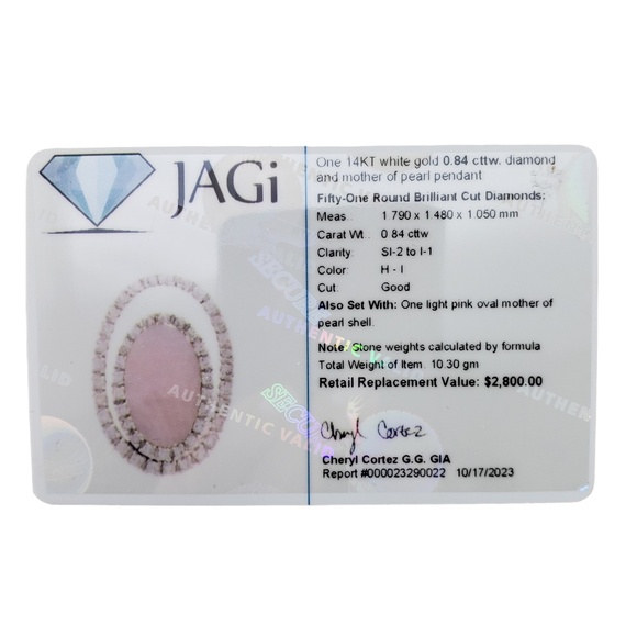 14K White Gold Mother of Pearl & Diamond Pendant JAGi Certified #15766 - Picture 9 of 9